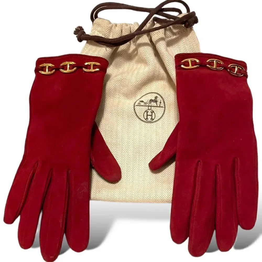HERMÈS Link Vintage Dark Red Suede Gloves |Size: 7|